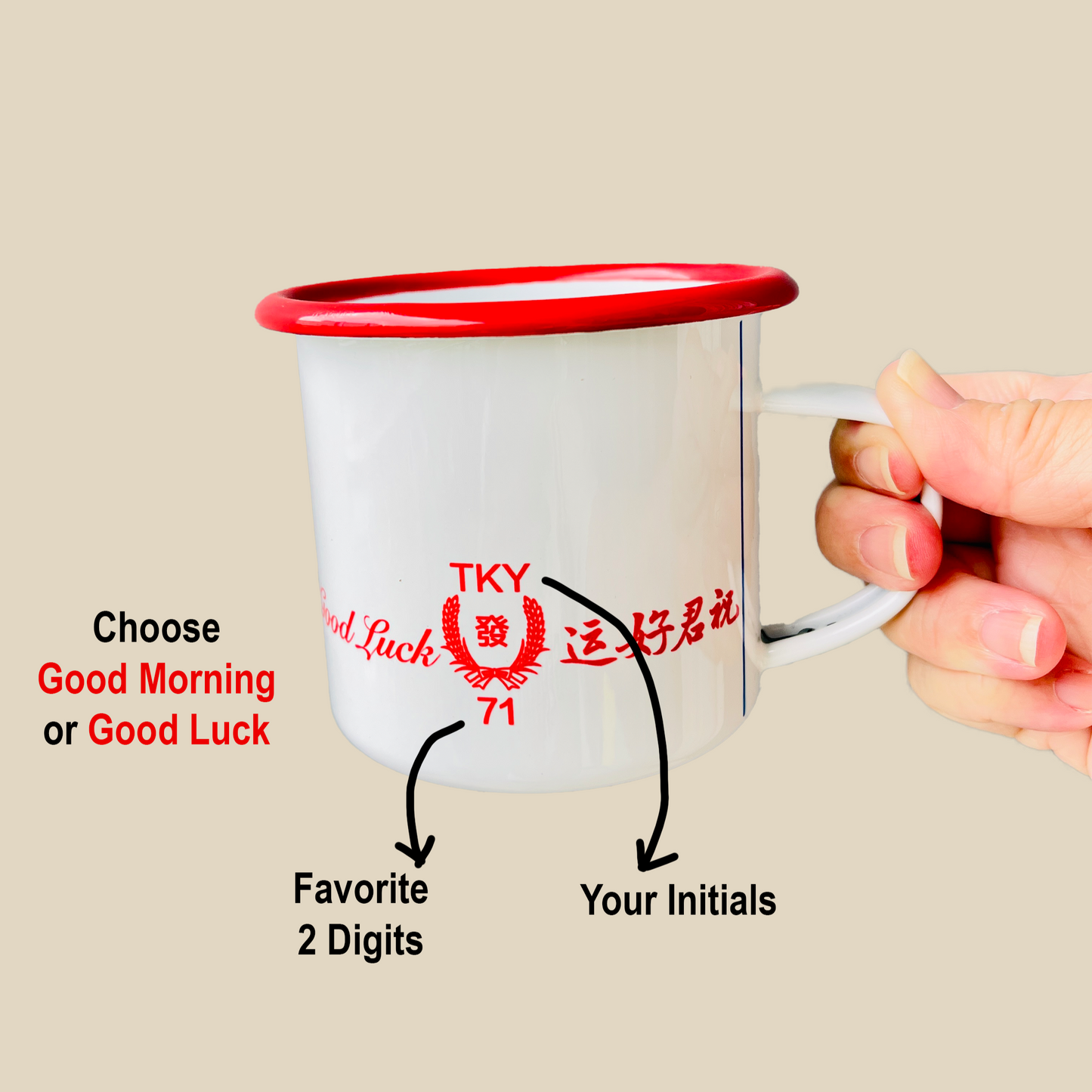 "Good Luck or Good Morning" Customise Enamel Mug