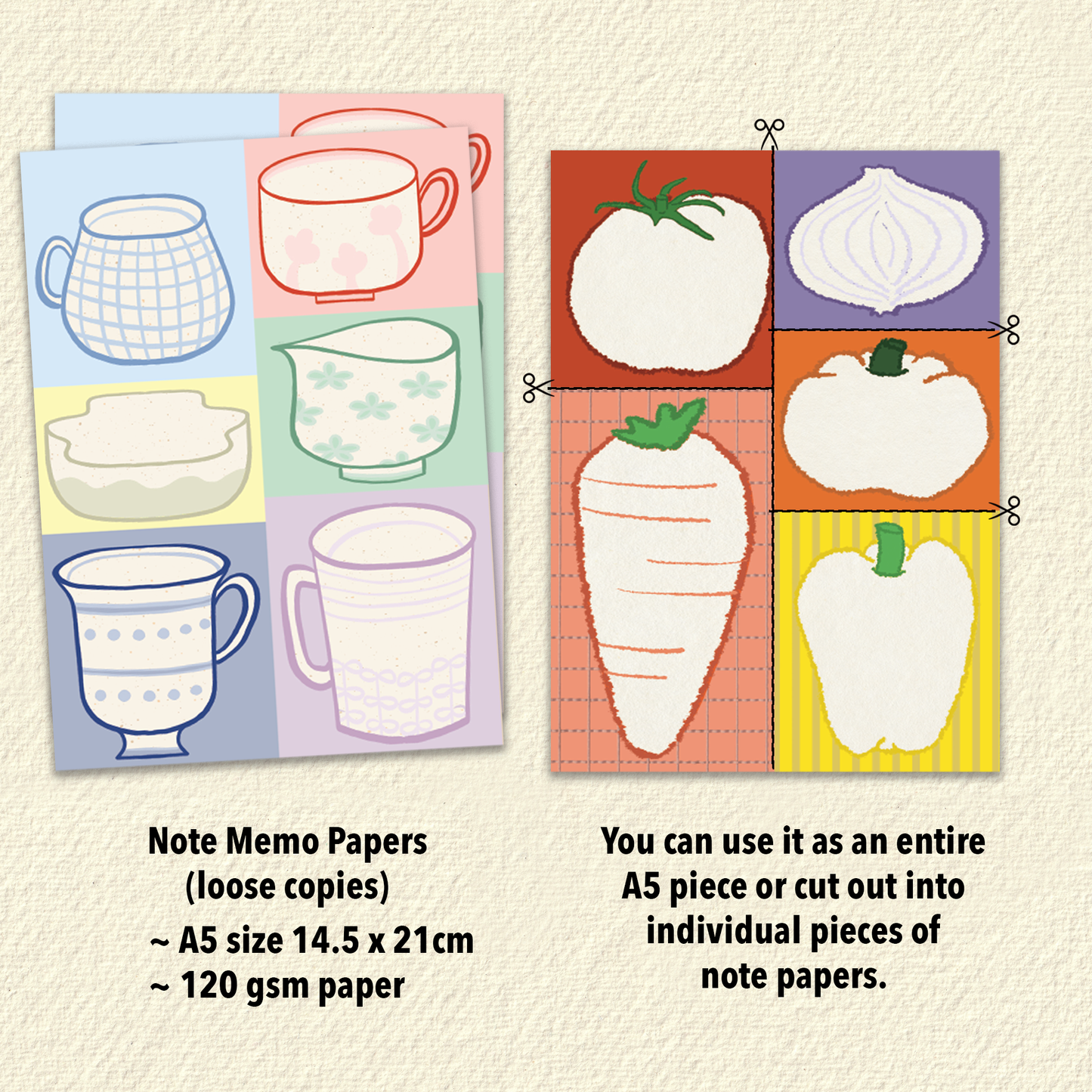 A5 Trimmable Loose Note Papers | Cups & Veggie | Journal & Memo Slips