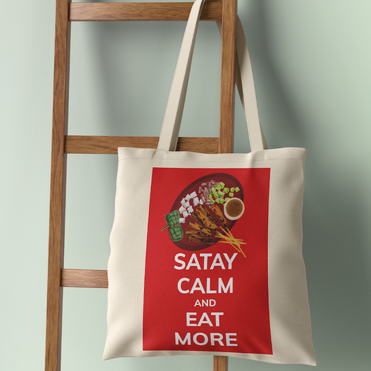 Canvas Tote Bag | Satay Calm & Eat More Print | Singapore Hawker Culture Food Fun Gift