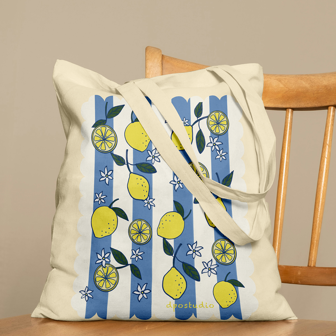 Canvas Tote Bag | Lemons Blue Stripes Print | Mediterranean Style Tote | Aesthetic Bag