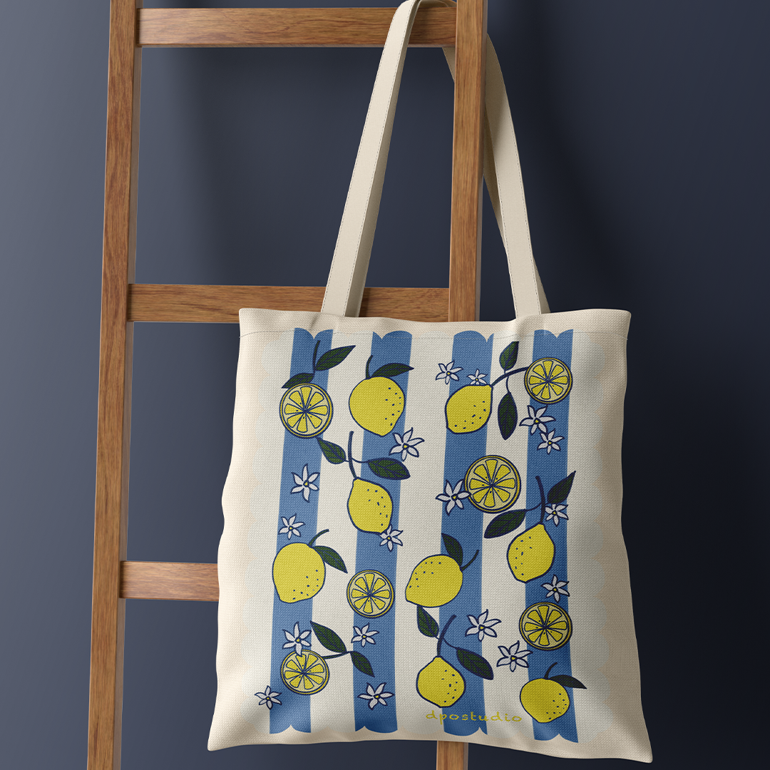 Canvas Tote Bag | Lemons Blue Stripes Print | Mediterranean Style Tote | Aesthetic Bag