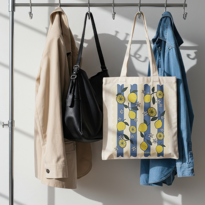 Canvas Tote Bag | Lemons Blue Stripes Print | Mediterranean Style Tote | Aesthetic Bag