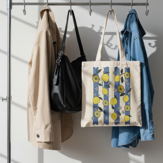 Canvas Tote Bag | Lemons Blue Stripes Print | Mediterranean Style Tote | Aesthetic Bag