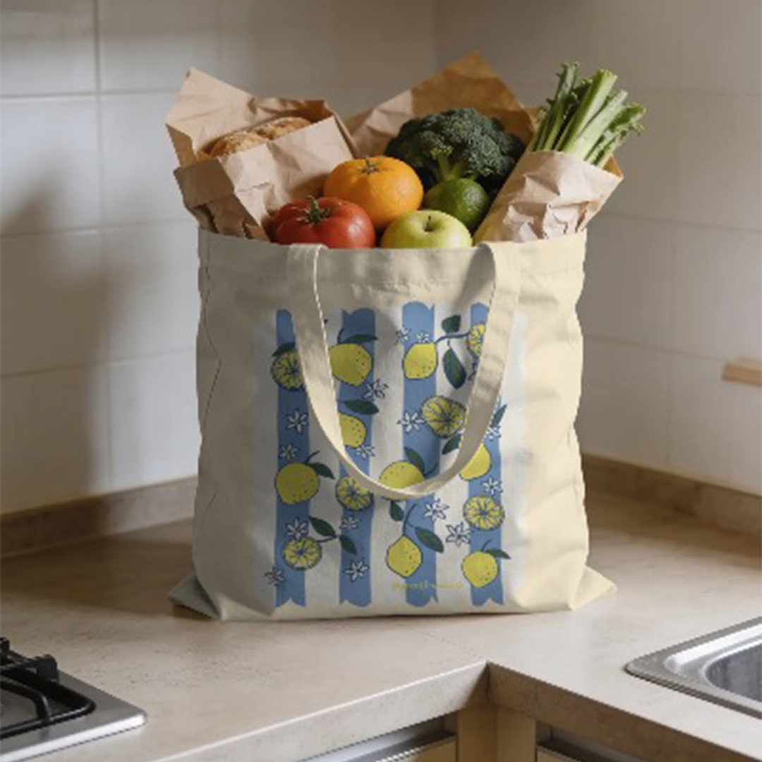 Canvas Tote Bag | Lemons Blue Stripes Print | Mediterranean Style Tote | Aesthetic Bag