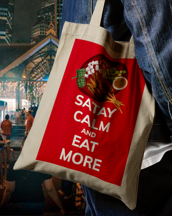 Tote Bag Canvas | Satay Calm & Eat More Print | Singapore Hawker Culture Food Fun Gift