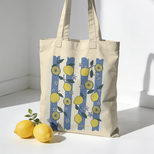Canvas Tote Bag | Lemons Blue Stripes Print | Mediterranean Style Tote | Aesthetic Bag